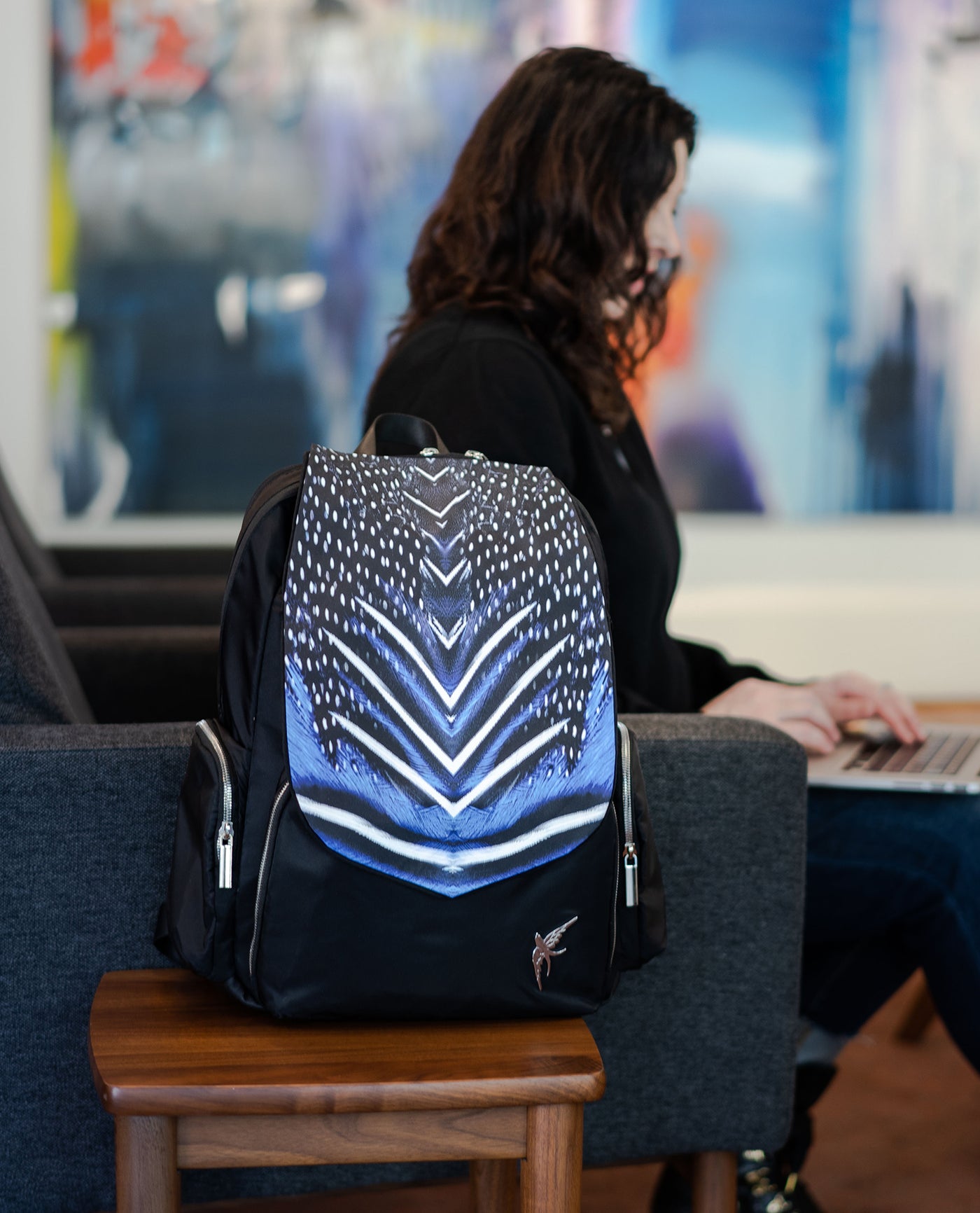 Laptop bag by GraceTech featuring the Cobalt Feathers Print on our Laptop Backpack with a separate computer section.
